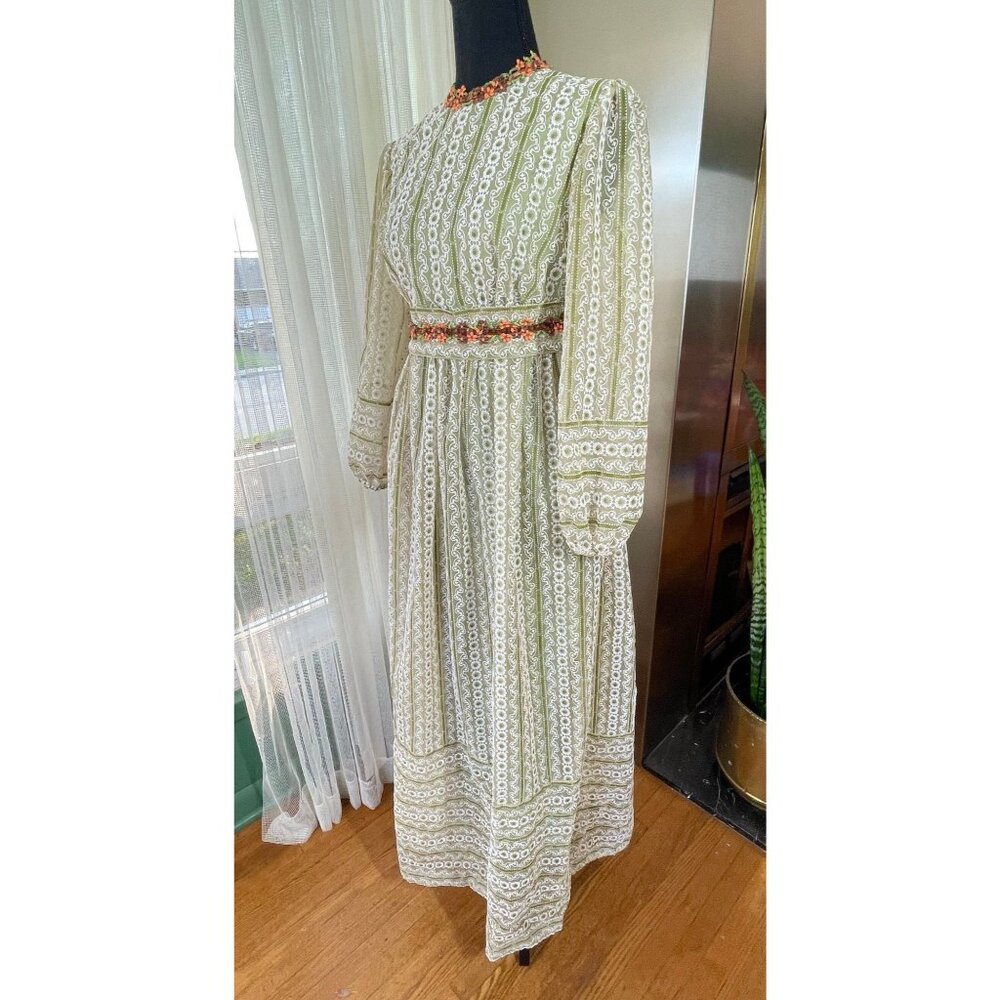 Vintage 60s prairie maxi dress, green organza flocked floral, lined